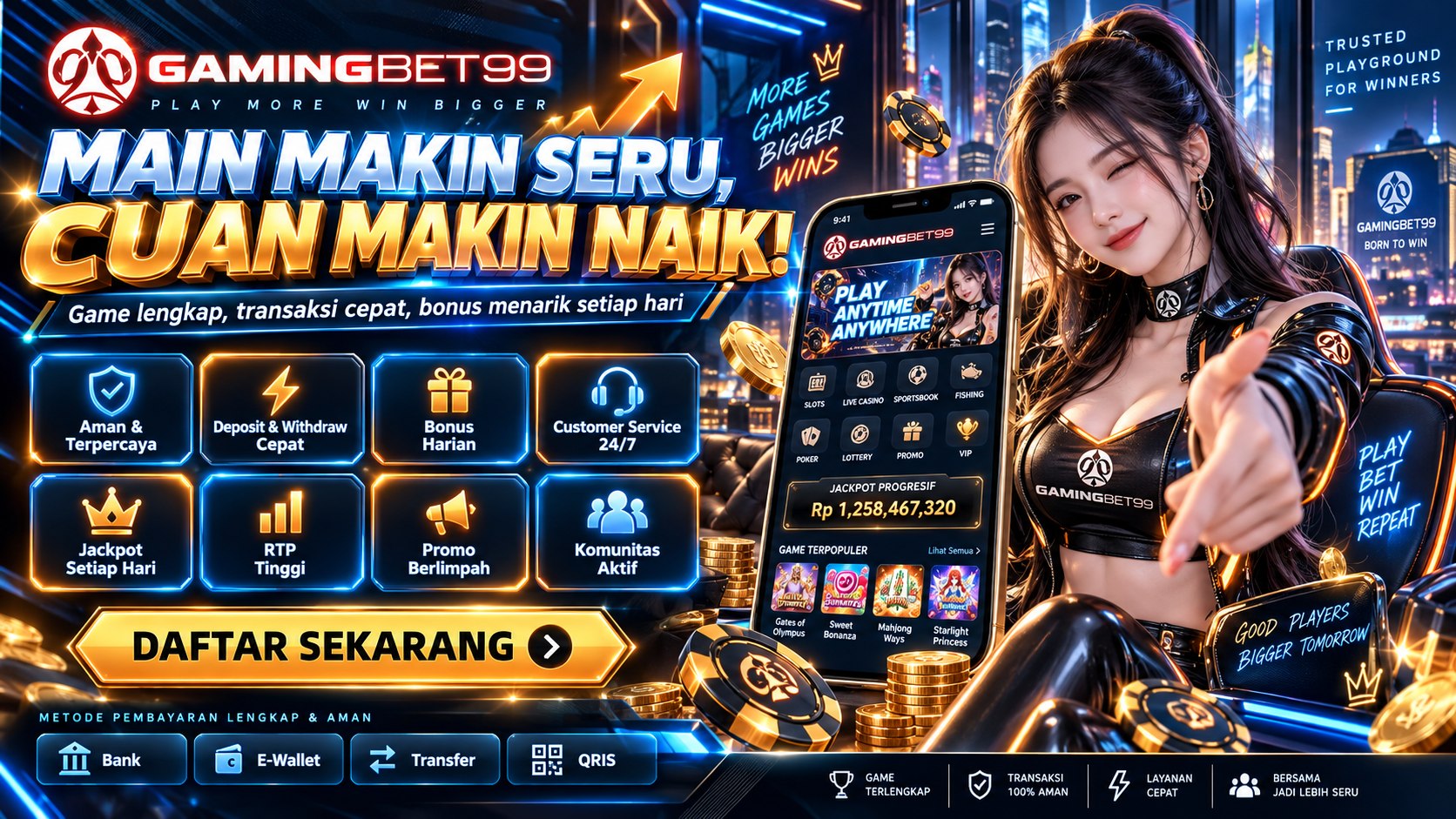 Banner GAMINGBET99 — materi layanan dan kategori permainan